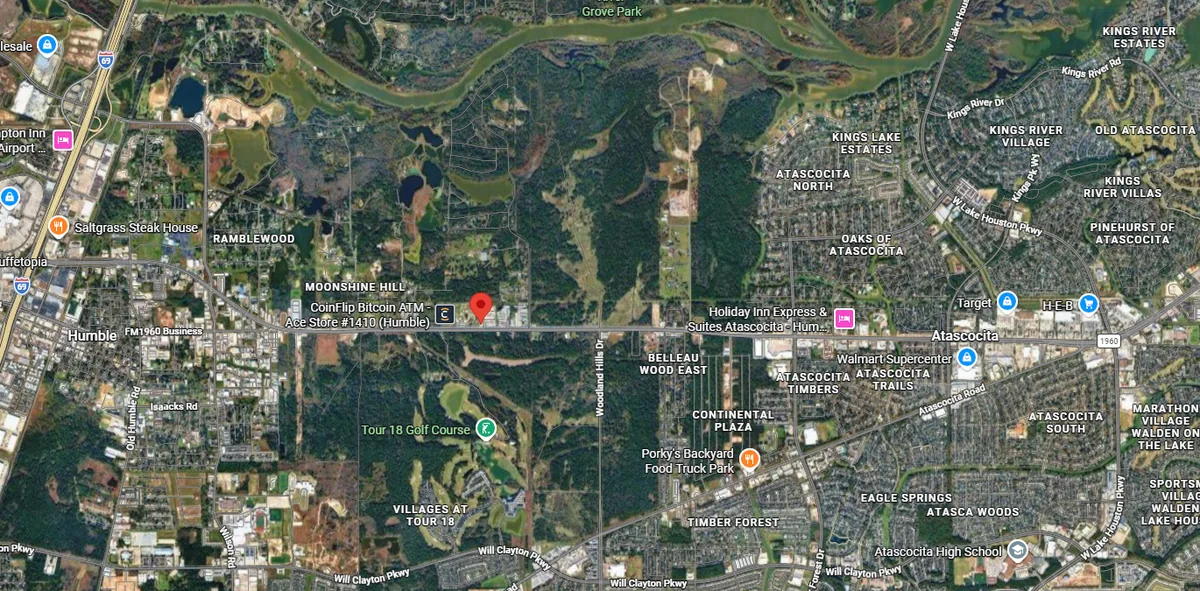 Satellite view showing 3225 FM 1960 location near US-59 and Beltway 8 in Humble TX